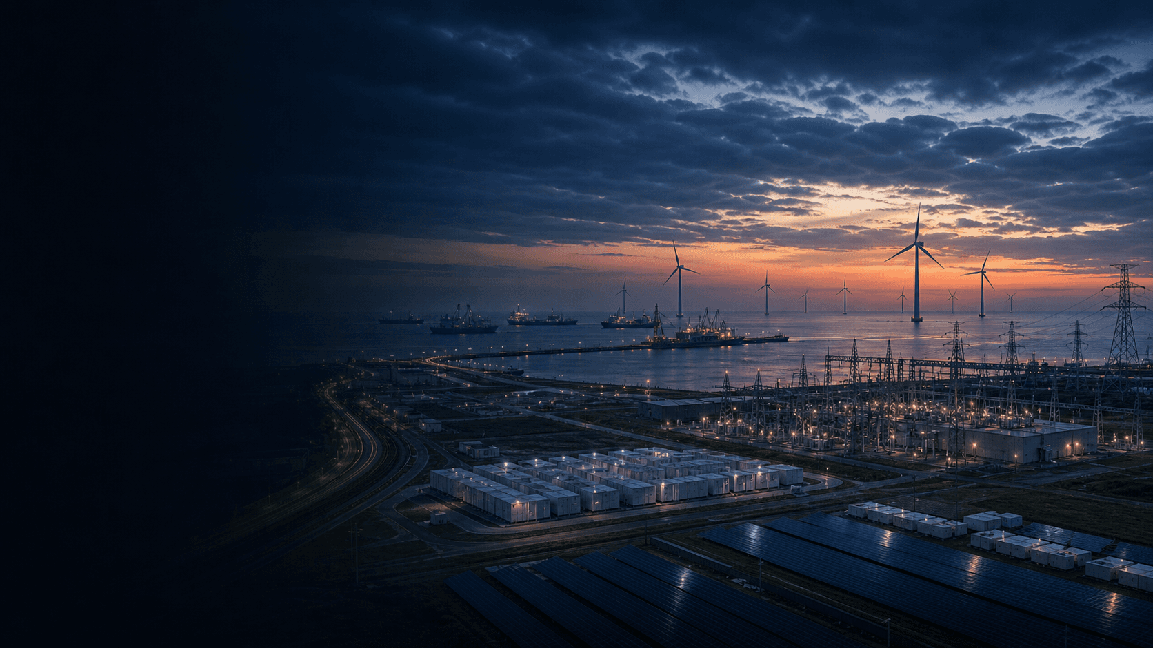Renewables-led industrial operations landscape with offshore wind, grid, storage, solar, maritime, and infrastructure assets at night