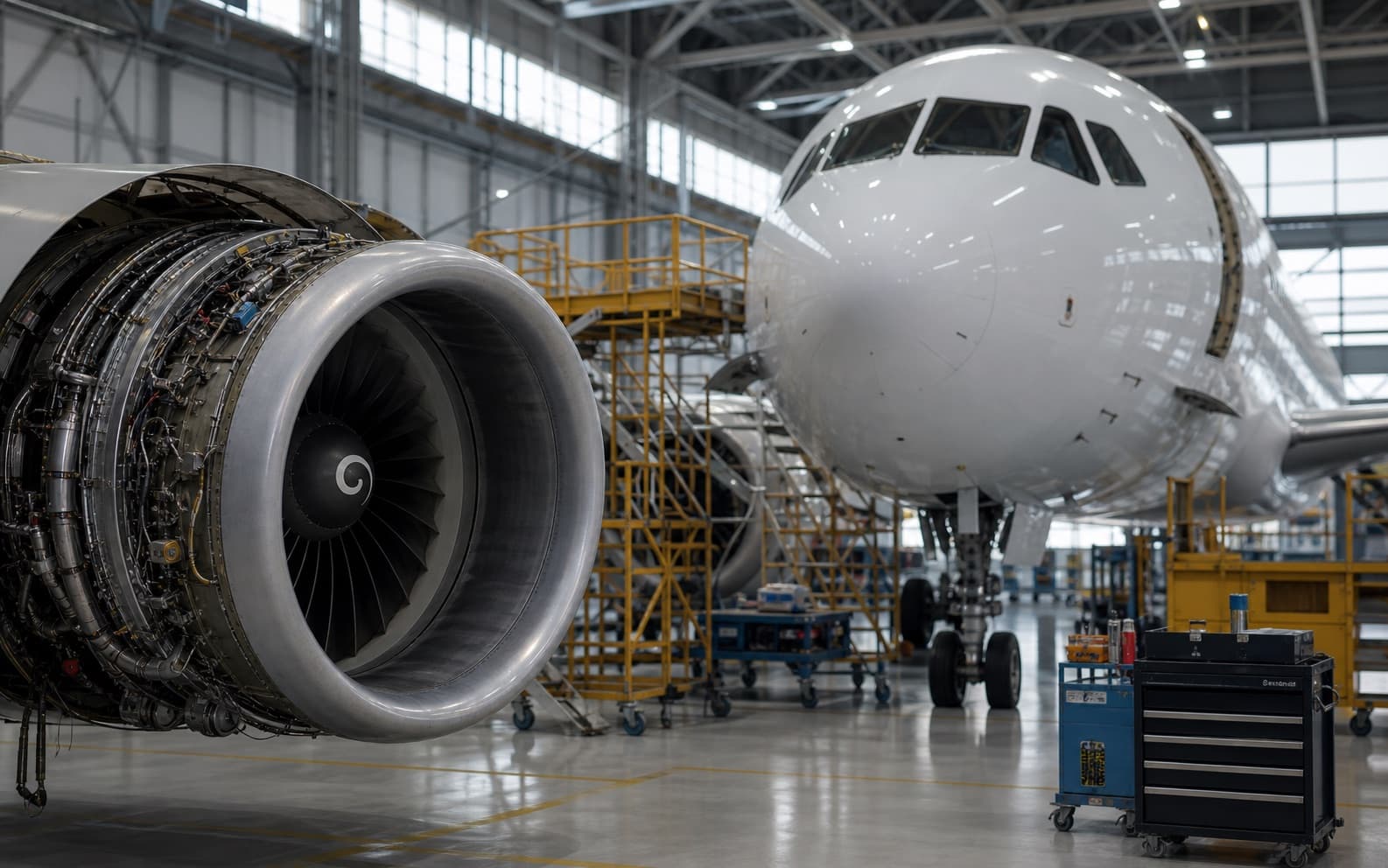 Aircraft maintenance hangar with exposed engine and service equipment