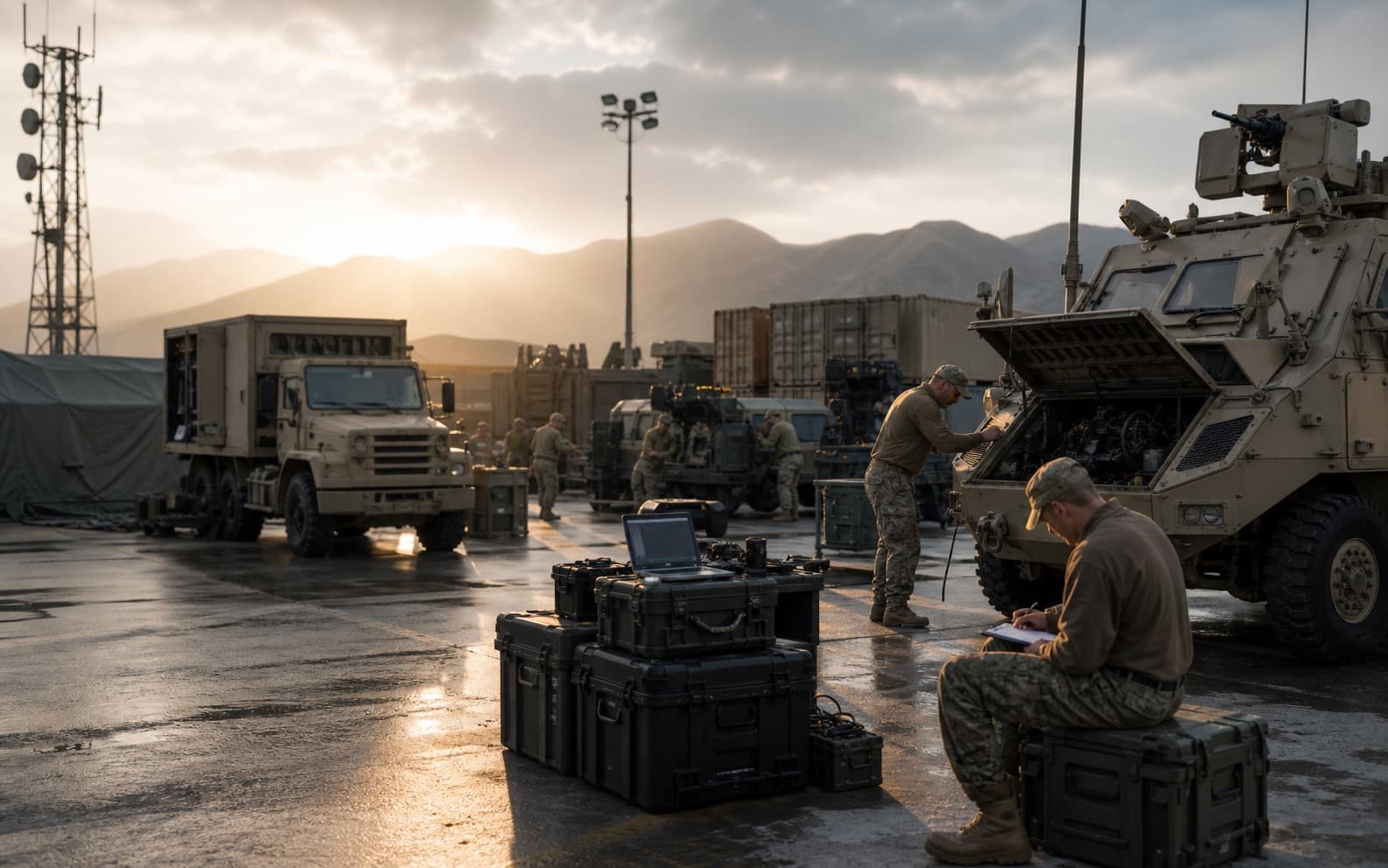 Defense support operations staging area with vehicles and logistics equipment
