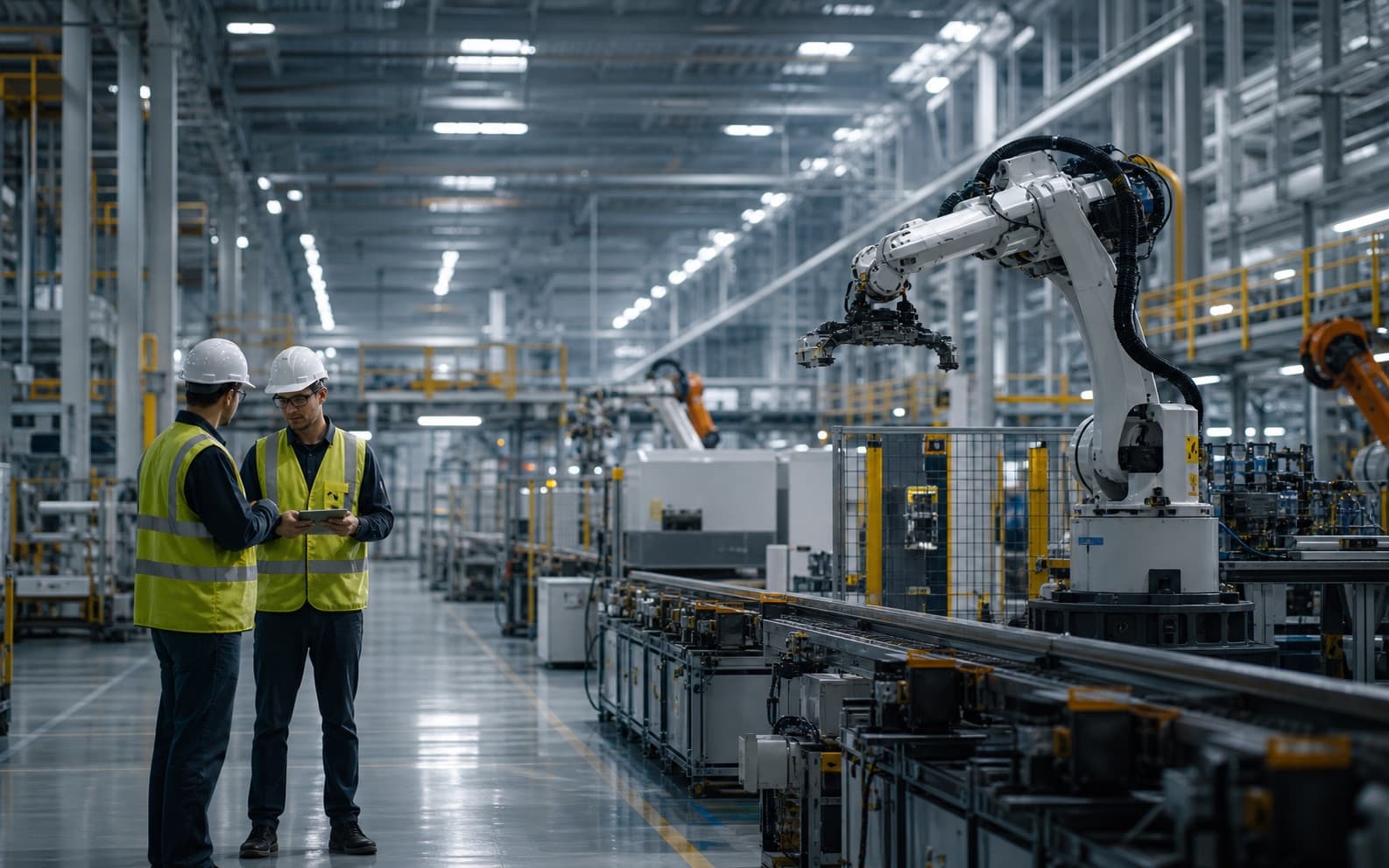 Modern manufacturing hall with robotic equipment and operators