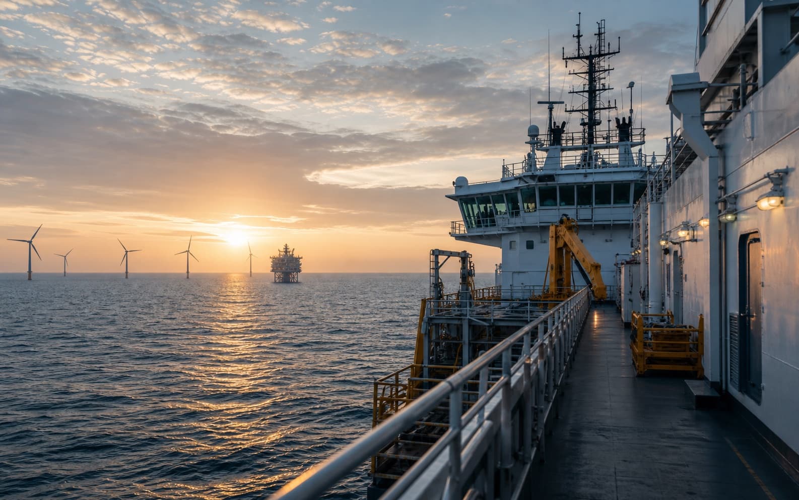 Offshore service vessel deck overlooking wind assets at sea